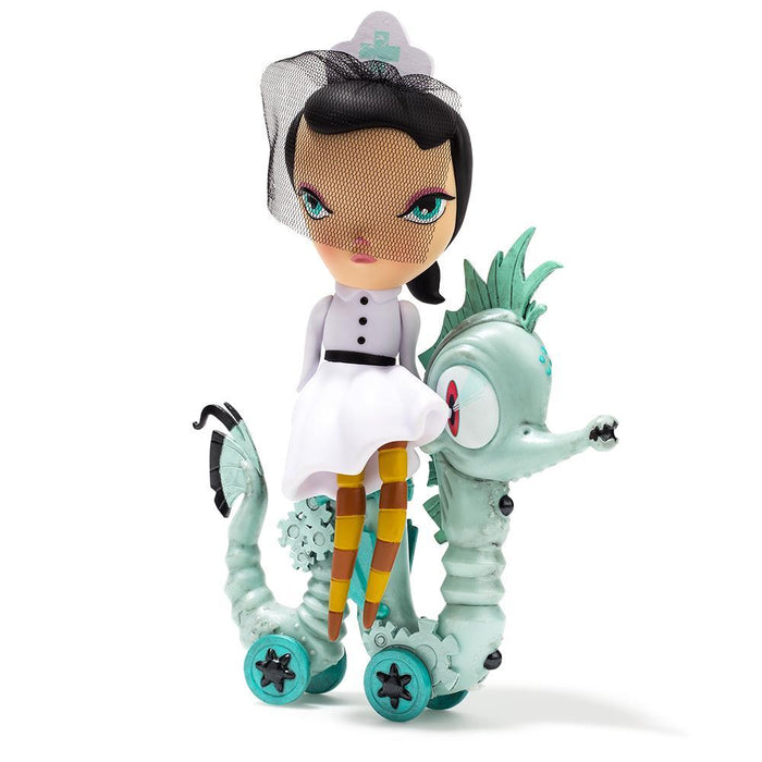 Lucy Curious Dark Harbor 7-inch art figure by Kathie Olivas, white limited edition of 200, featuring a whimsical, detailed character design.