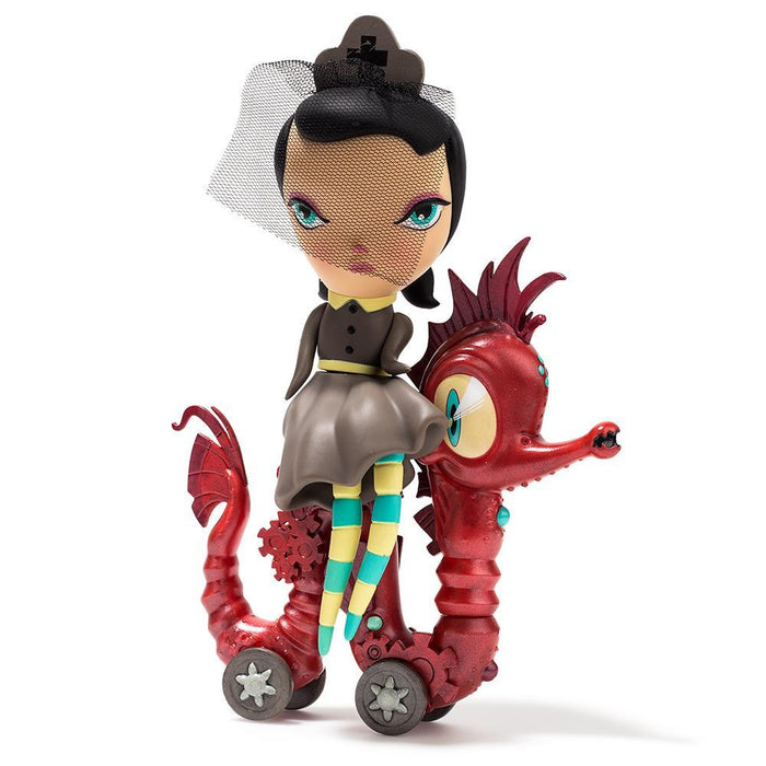 Lucy Curious Dark Harbor 7-inch vinyl art figure by Kathie Olivas, featuring a dark, whimsical design with detailed painted features.