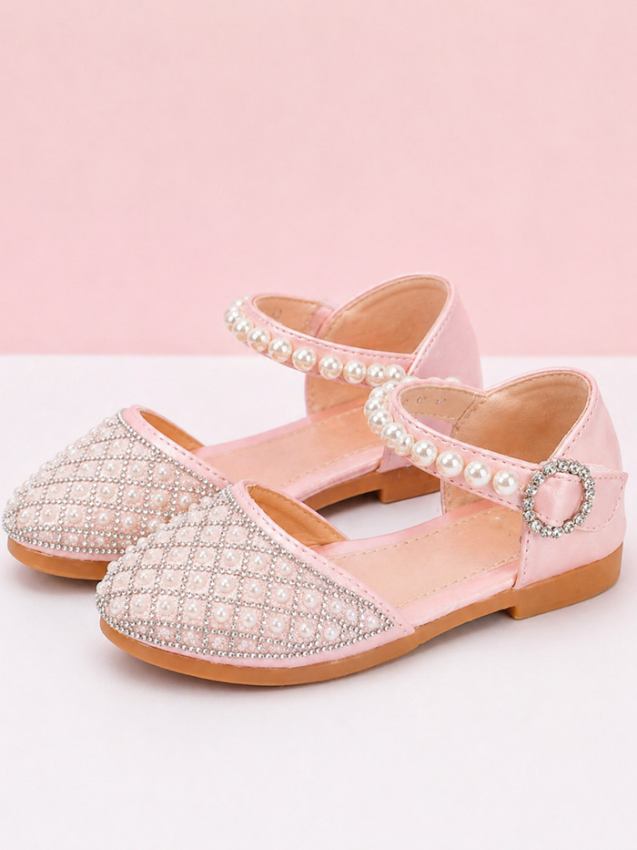 pink girls dress flats pearl design flower girl shoes
