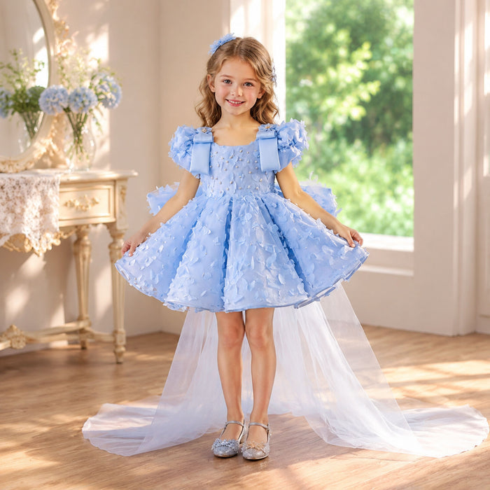 Luxury Blue 3D Floral Pearl Beaded Bow Girls Party Dress with Tulle Train D293