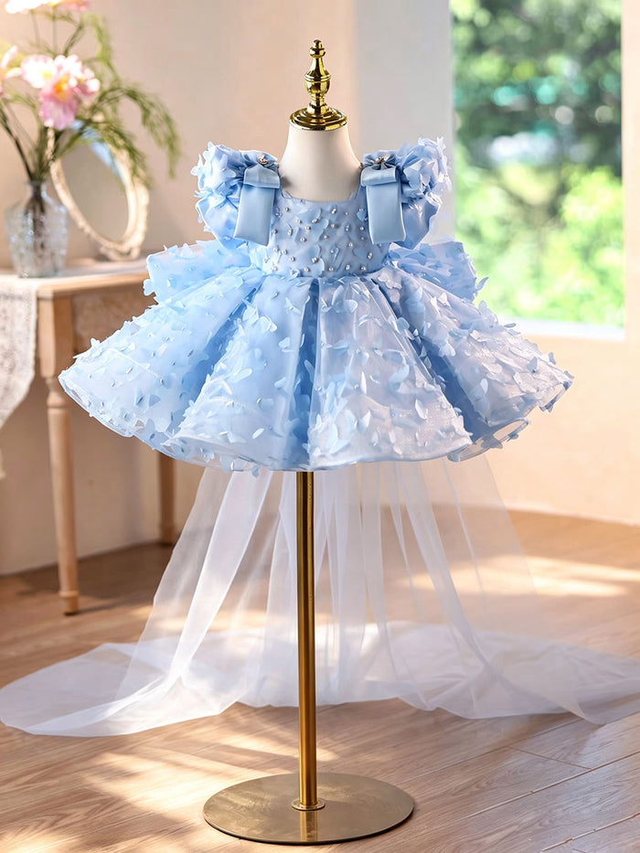 Luxury Blue 3D Floral Pearl Beaded Bow Girls Party Dress with Tulle Train D293