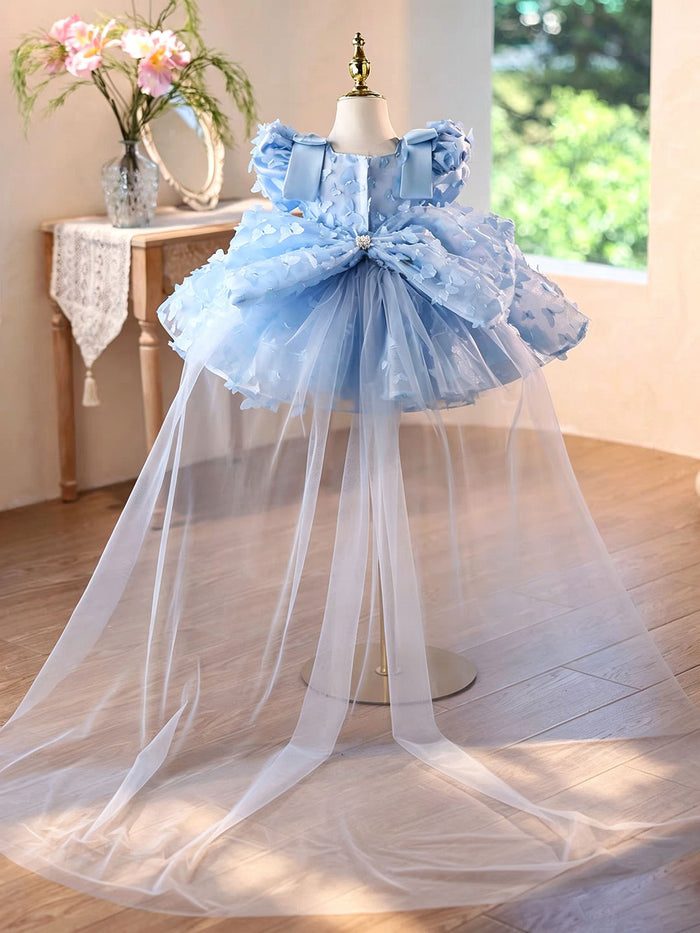 Luxury Blue 3D Floral Pearl Beaded Bow Girls Party Dress with Tulle Train D293