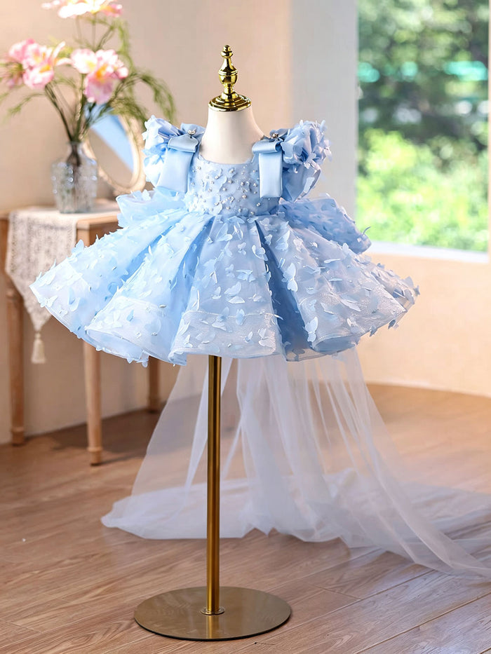 Luxury Blue 3D Floral Pearl Beaded Bow Girls Party Dress with Tulle Train D293