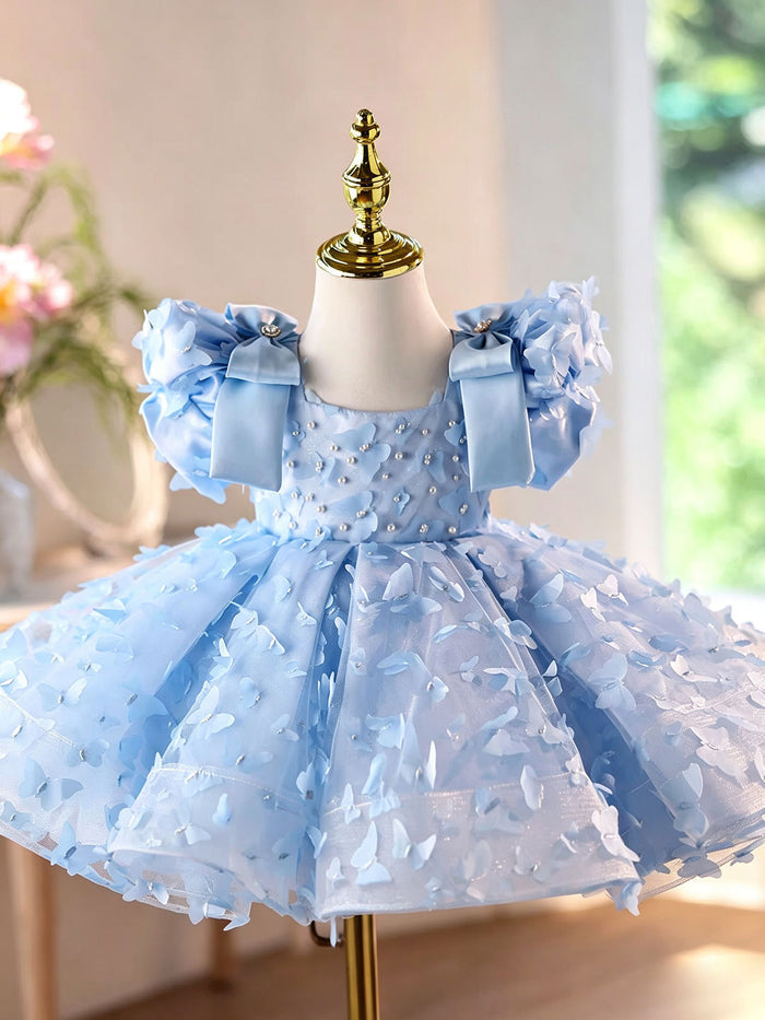 Luxury Blue 3D Floral Pearl Beaded Bow Girls Party Dress with Tulle Train D293