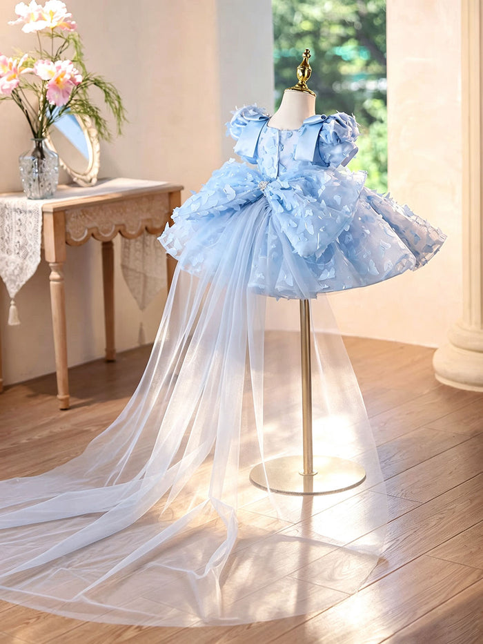 Luxury Blue 3D Floral Pearl Beaded Bow Girls Party Dress with Tulle Train D293