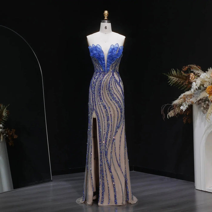 Luxury Blue Evening Dress with embellishments and slit SS133