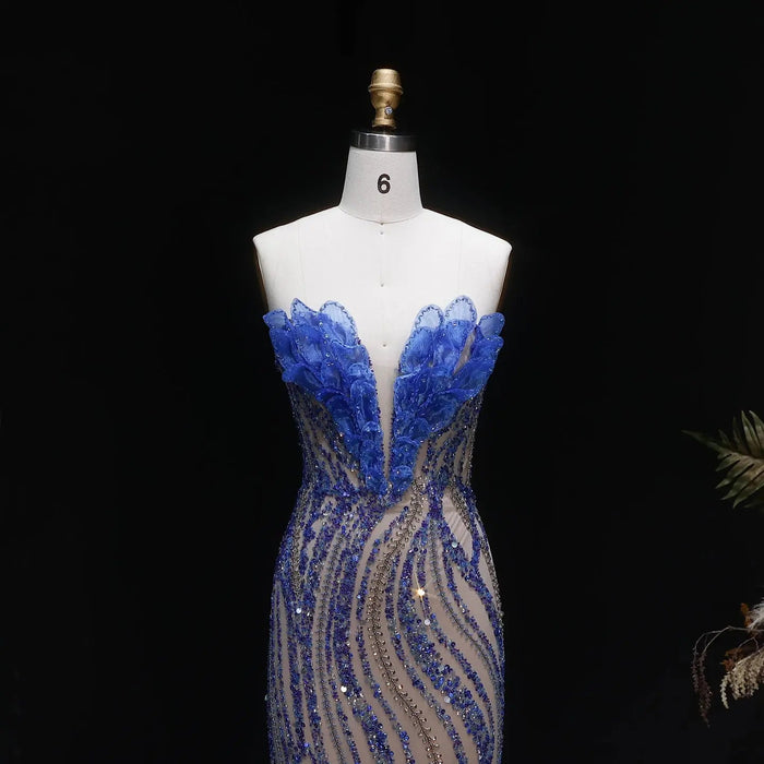 Luxury Blue Evening Dress with embellishments and slit SS133