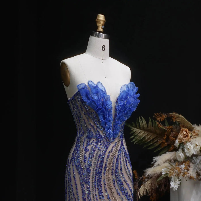 Luxury Blue Evening Dress with embellishments and slit SS133