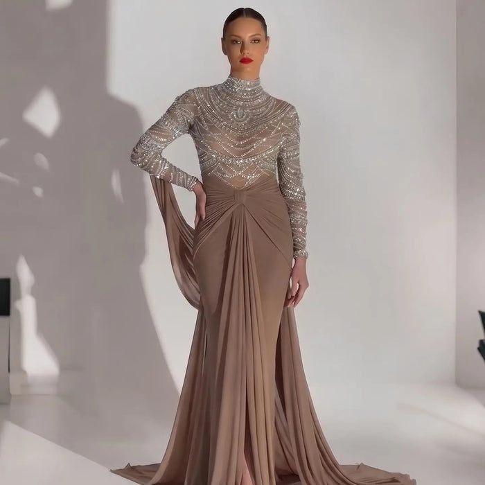 Luxury Brown Evening Gown with High Neckline Draped Skirt SS402