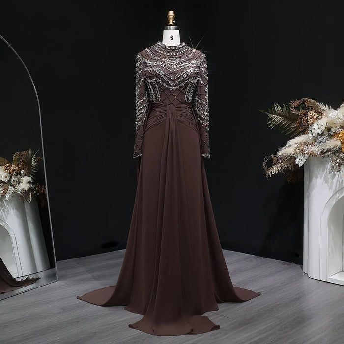 Luxury Brown Evening Gown with High Neckline Draped Skirt SS402