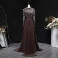 Luxury Brown Evening Gown with High Neckline Draped Skirt SS402