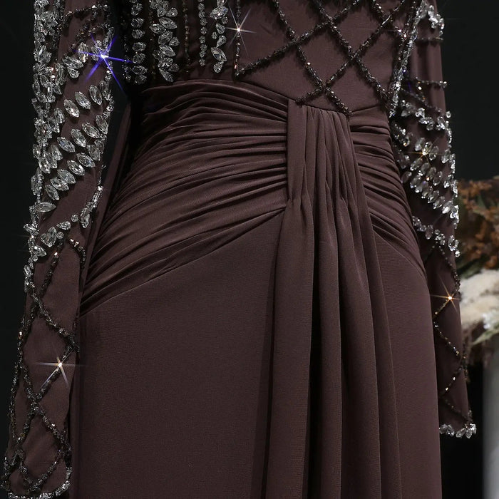 Luxury Brown Evening Gown with High Neckline Draped Skirt SS402