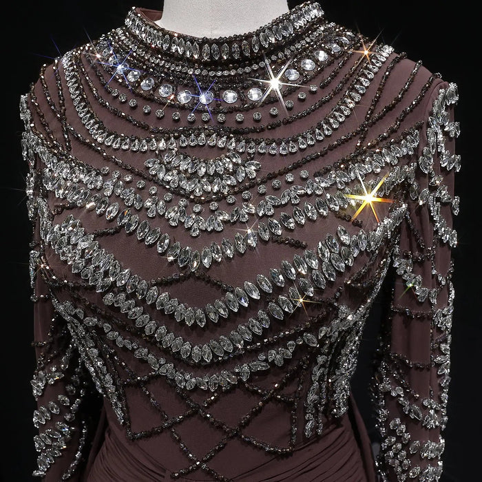 Luxury Brown Evening Gown with High Neckline Draped Skirt SS402