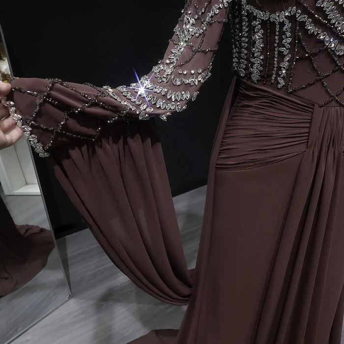 Luxury Brown Evening Gown with High Neckline Draped Skirt SS402