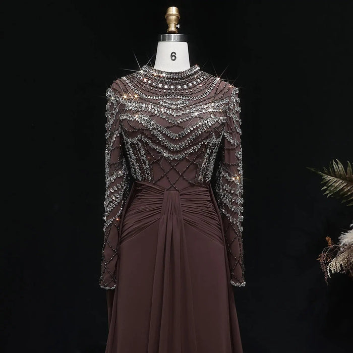 Luxury Brown Evening Gown with High Neckline Draped Skirt SS402