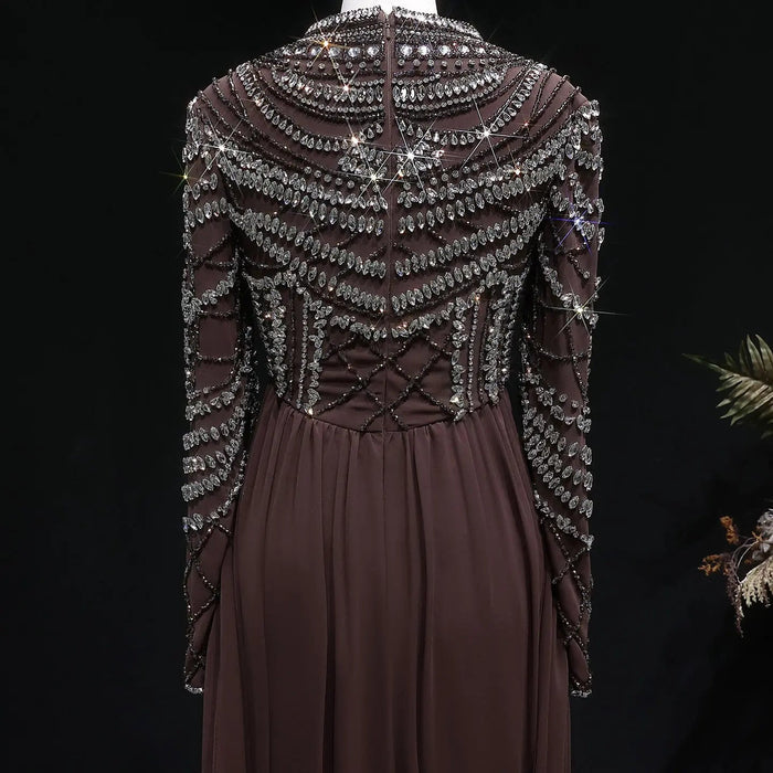 Luxury Brown Evening Gown with High Neckline Draped Skirt SS402