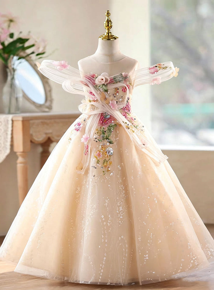 Luxury Champagne Flower Girl Dress with 3D Floral Embroidery and Sparkly Tulle Princess Gown D335