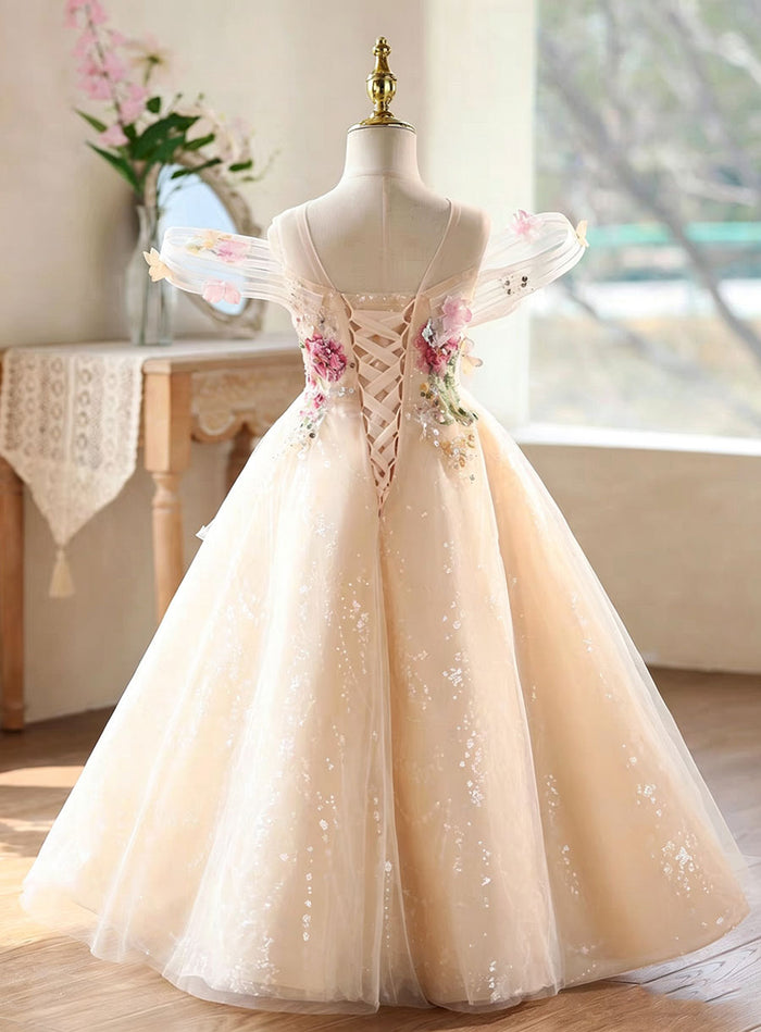 Luxury Champagne Flower Girl Dress with 3D Floral Embroidery and Sparkly Tulle Princess Gown D335