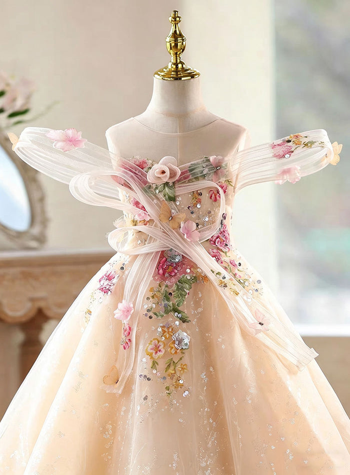 Luxury Champagne Flower Girl Dress with 3D Floral Embroidery and Sparkly Tulle Princess Gown D335