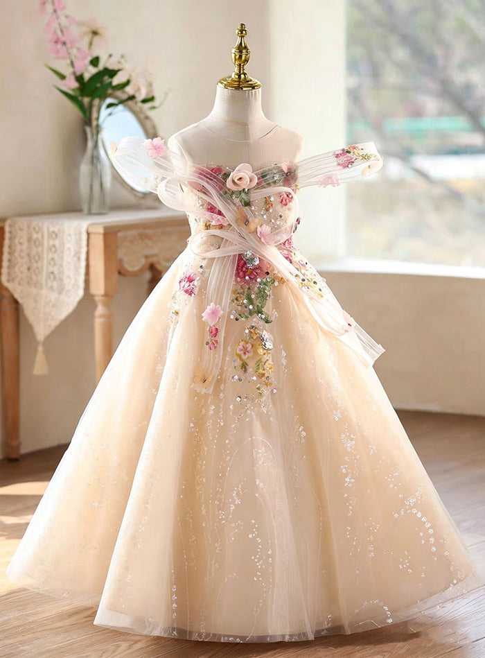 Luxury Champagne Flower Girl Dress with 3D Floral Embroidery and Sparkly Tulle Princess Gown D335