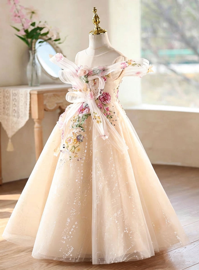 Luxury Champagne Flower Girl Dress with 3D Floral Embroidery and Sparkly Tulle Princess Gown D335