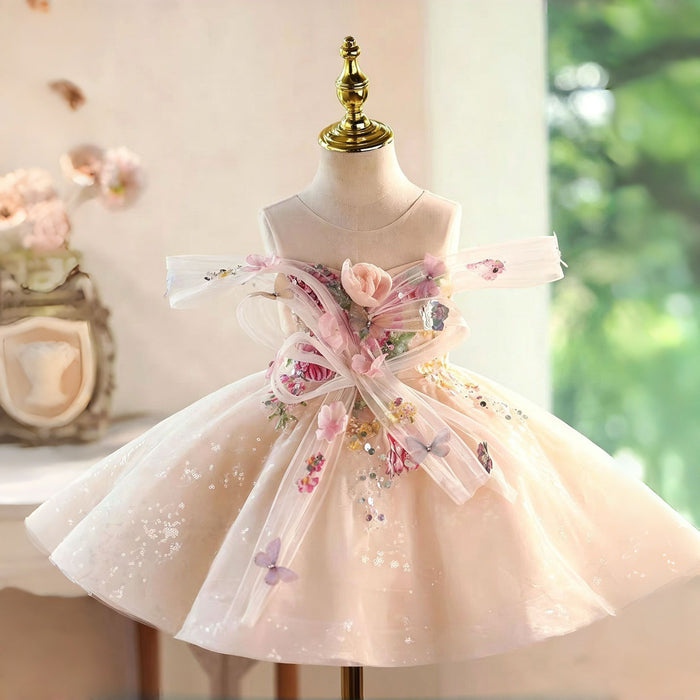 Luxury Champagne Flower Girl Dress with Butterfly Applique Toddler Girls Princess Tulle Party Gown D280