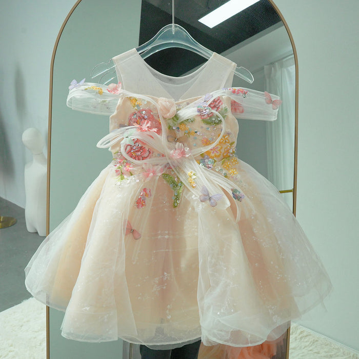 Luxury Champagne Flower Girl Dress with Butterfly Applique Toddler Girls Princess Tulle Party Gown D280