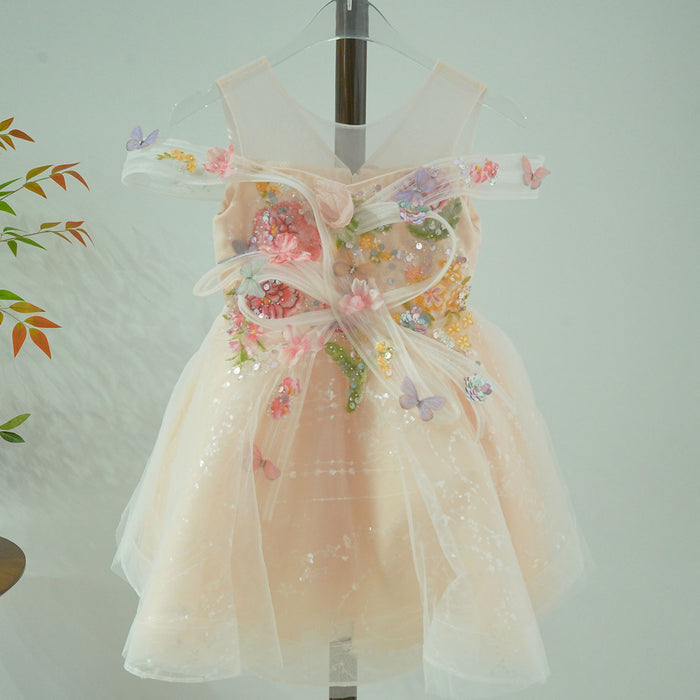 Luxury Champagne Flower Girl Dress with Butterfly Applique Toddler Girls Princess Tulle Party Gown D280