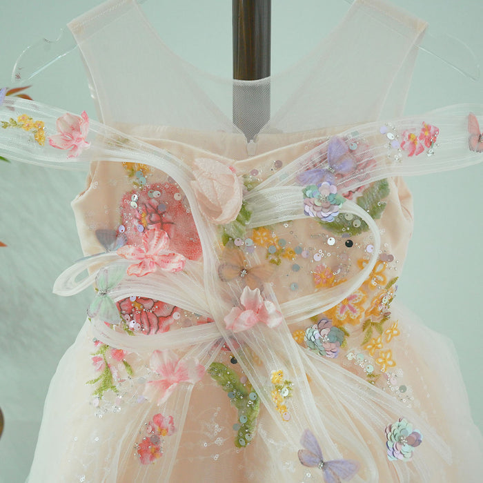 Luxury Champagne Flower Girl Dress with Butterfly Applique Toddler Girls Princess Tulle Party Gown D280