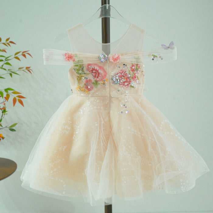 Luxury Champagne Flower Girl Dress with Butterfly Applique Toddler Girls Princess Tulle Party Gown D280