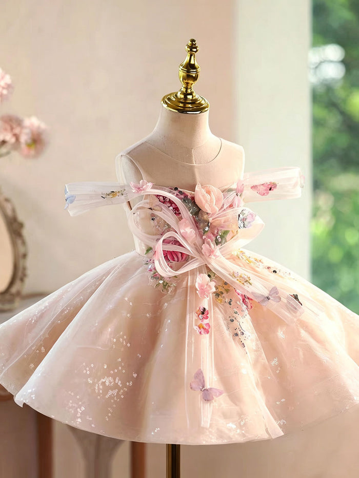 Luxury Champagne Flower Girl Dress with Butterfly Applique Toddler Girls Princess Tulle Party Gown D280