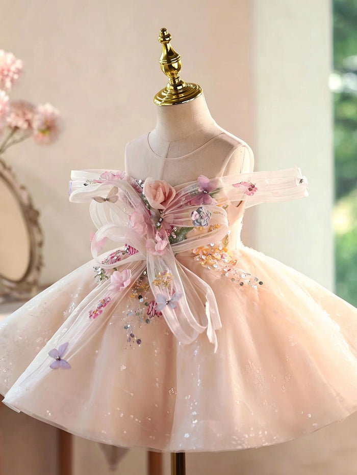 Luxury Champagne Flower Girl Dress with Butterfly Applique Toddler Girls Princess Tulle Party Gown D280