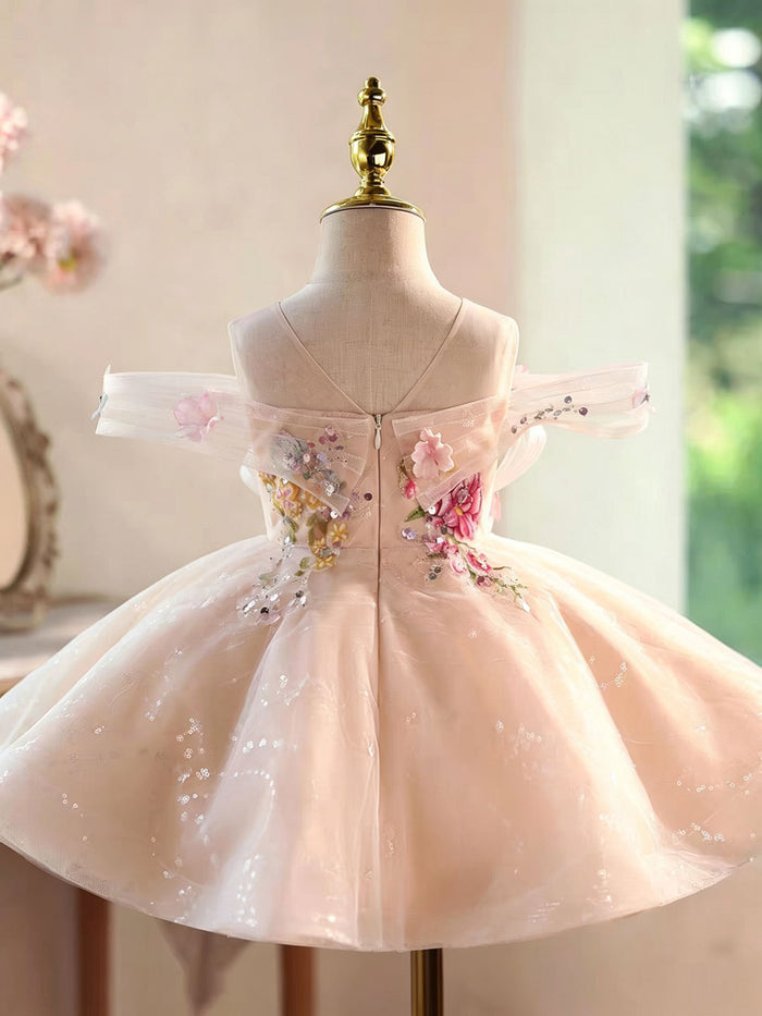 Luxury Champagne Flower Girl Dress with Butterfly Applique Toddler Girls Princess Tulle Party Gown D280