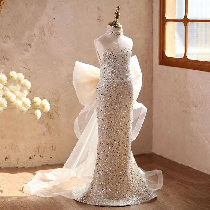 Luxury Champagne Sparkly Flower Girl Dress with Tulle Train D342