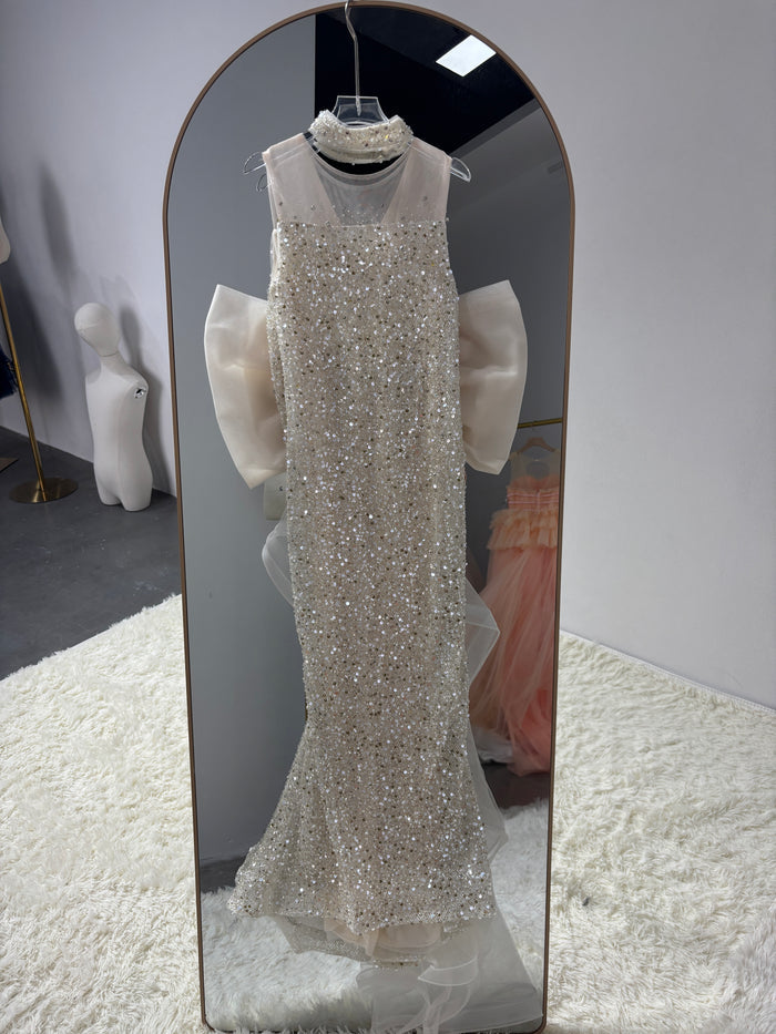 Luxury Champagne Sparkly Flower Girl Dress with Tulle Train D342