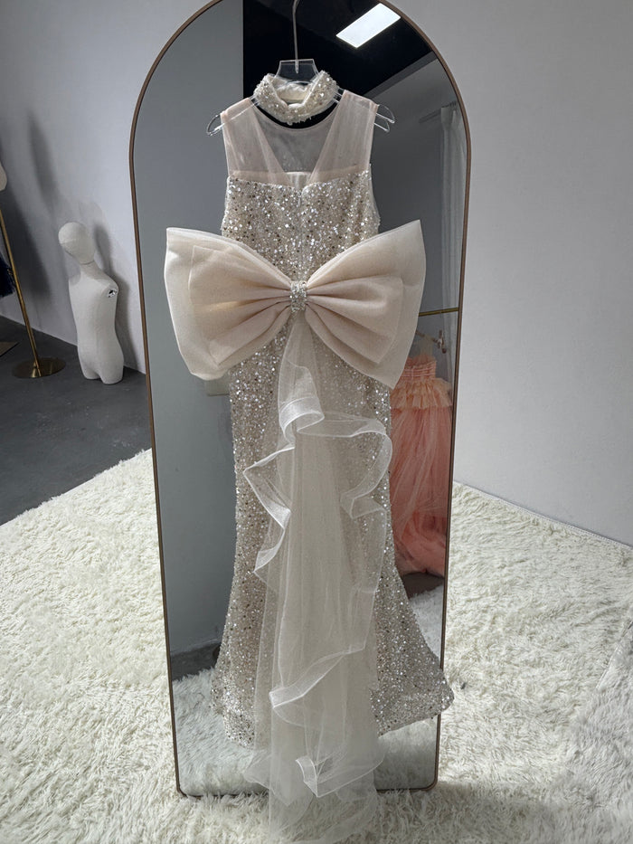 Luxury Champagne Sparkly Flower Girl Dress with Tulle Train D342