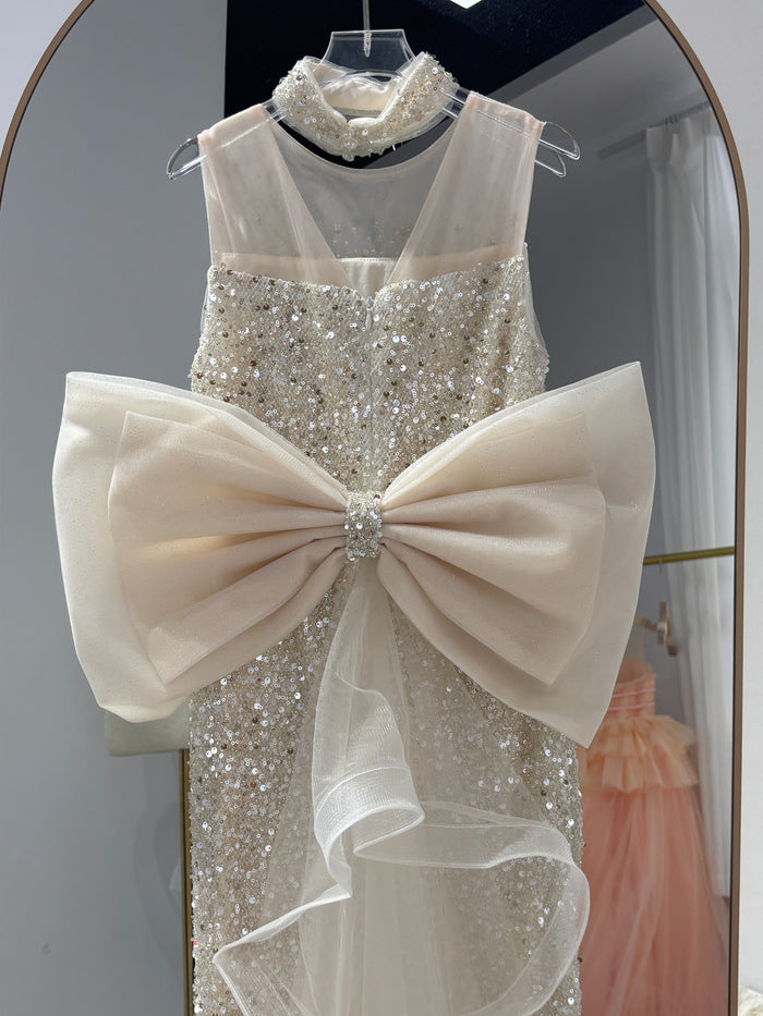 Luxury Champagne Sparkly Flower Girl Dress with Tulle Train D342