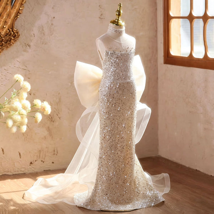 Luxury Champagne Sparkly Flower Girl Dress with Tulle Train D342