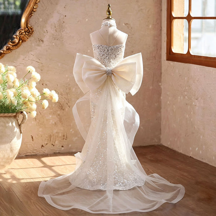 Luxury Champagne Sparkly Flower Girl Dress with Tulle Train D342