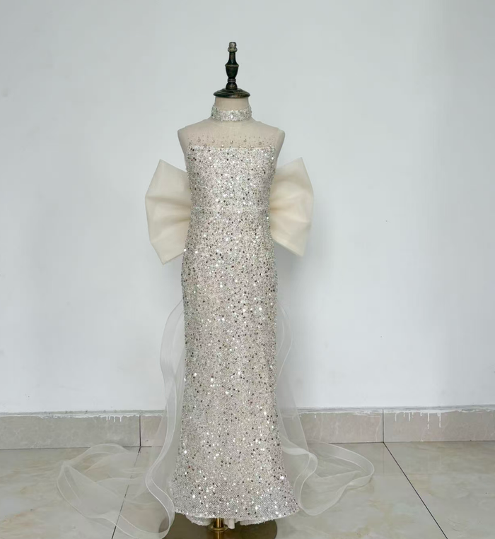 Luxury Champagne Sparkly Flower Girl Dress with Tulle Train D342