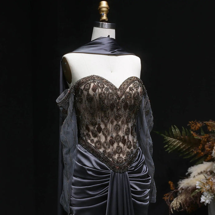 Luxury Gray Crystal Beaded Evening Dress with Draped Sheer Cape SS564-DreamyVow