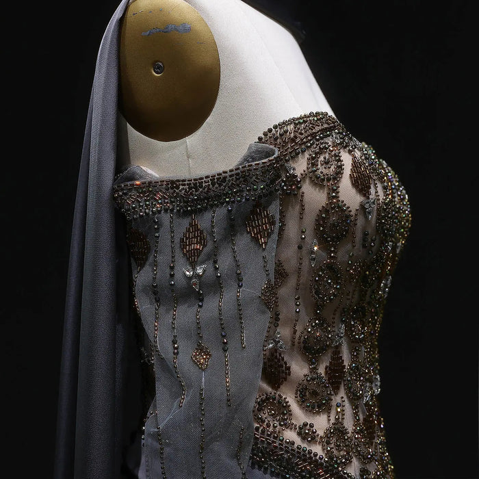 Luxury Gray Crystal Beaded Evening Dress with Draped Sheer Cape SS564-DreamyVow