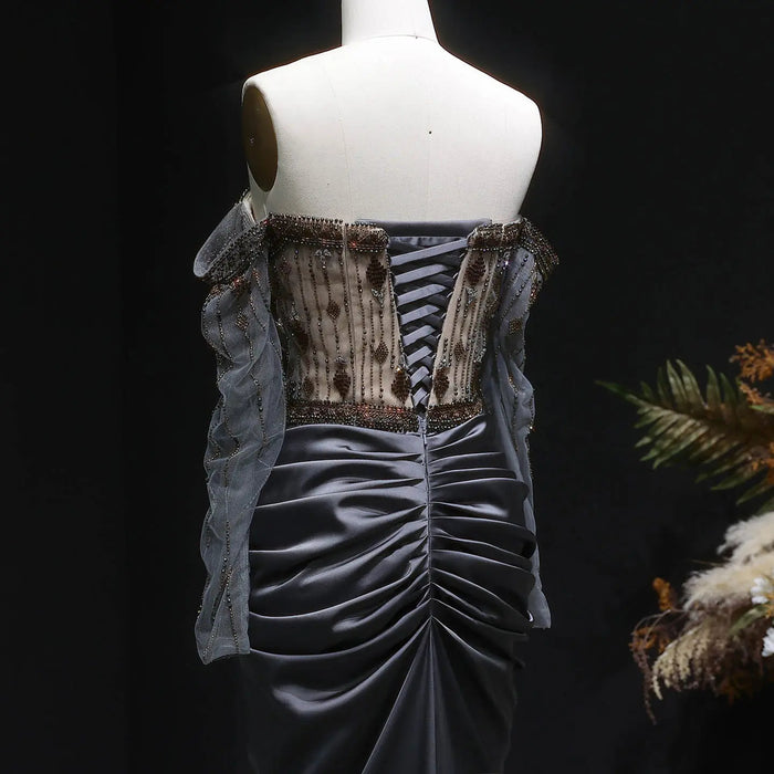 Luxury Gray Crystal Beaded Evening Dress with Draped Sheer Cape SS564-DreamyVow