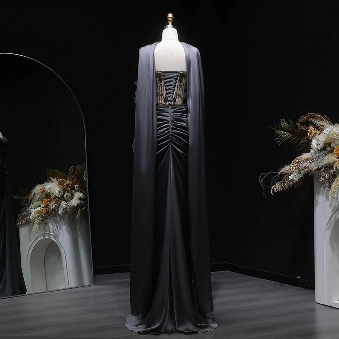 Luxury Gray Crystal Beaded Evening Dress with Draped Sheer Cape SS564-DreamyVow
