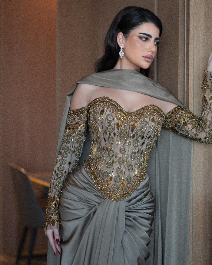 Luxury Gray Crystal Beaded Evening Dress with Draped Sheer Cape SS564-DreamyVow