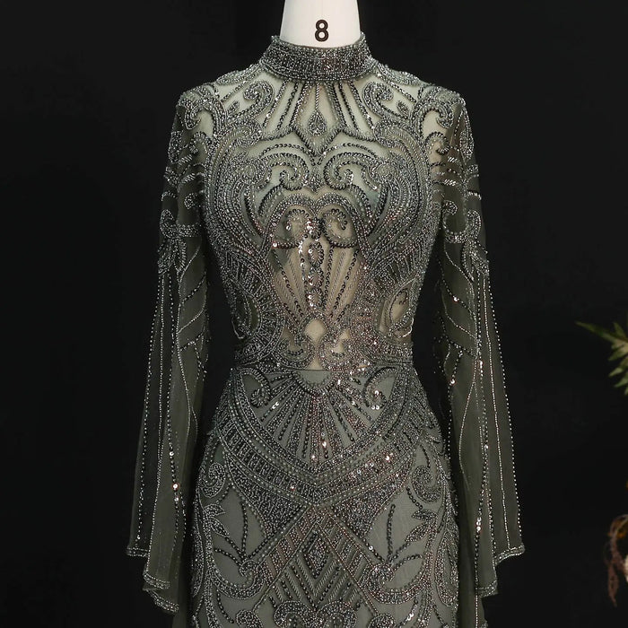 Luxury Green Beaded Evening Dress with High Neck Long Sleeve SS055-DreamyVow