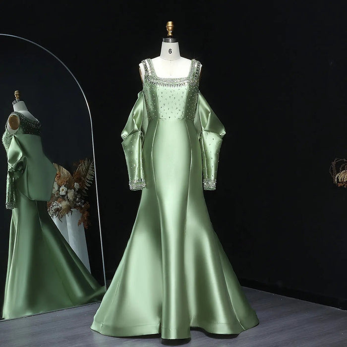 Luxury Khaki Satin Evening Gown with Beaded Bodice Detached Long Sleeves SS574