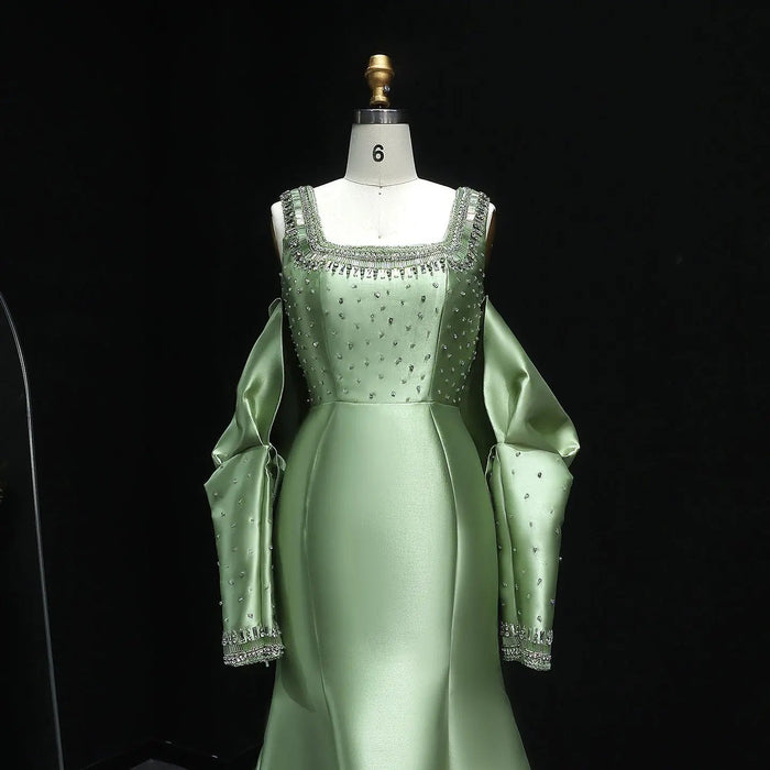 Luxury Khaki Satin Evening Gown with Beaded Bodice Detached Long Sleeves SS574