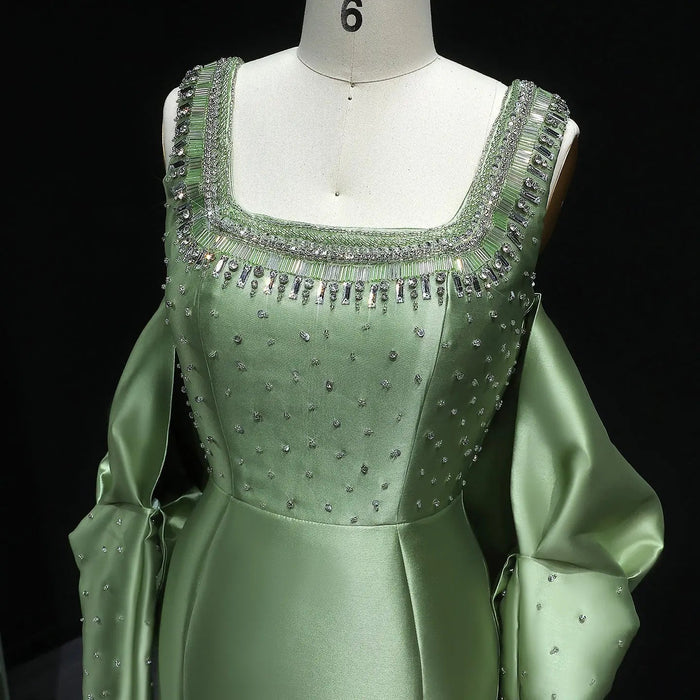 Luxury Khaki Satin Evening Gown with Beaded Bodice Detached Long Sleeves SS574