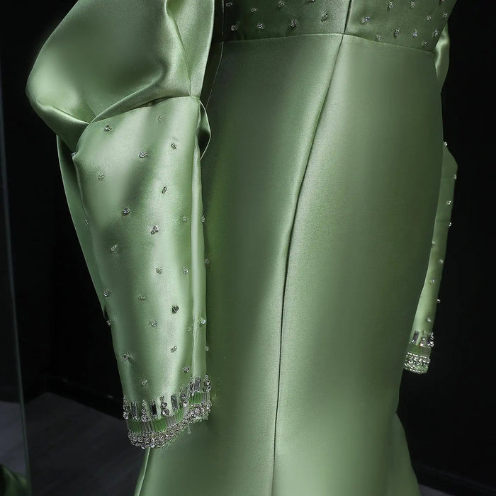Luxury Khaki Satin Evening Gown with Beaded Bodice Detached Long Sleeves SS574